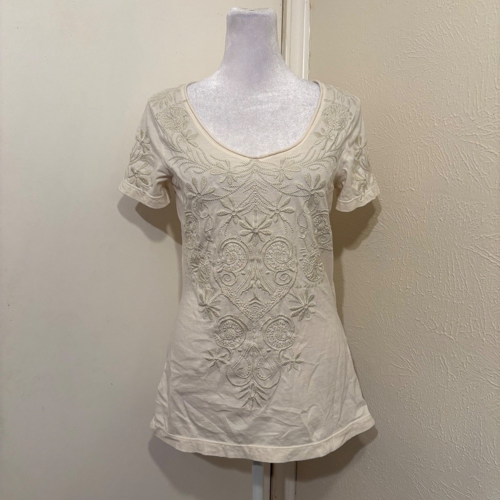 JW Los Angeles Johnny Was Cream Embroidered Floral Cotton T-Shirt Sz Small